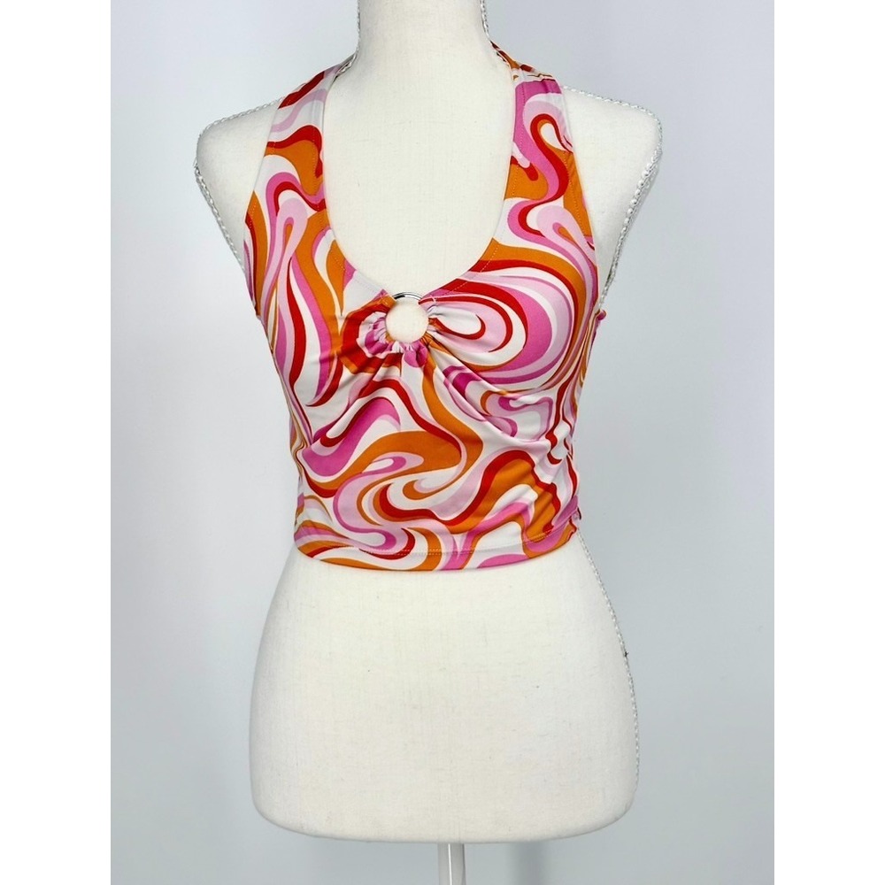 Retro Swirl Halter Top Small Orange Pink O Ring 70s Y2K Crop Divided H&M